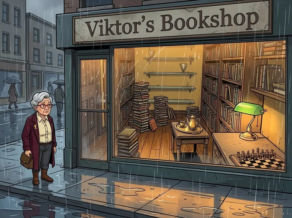 Elena approaches Viktor's bookshop in a rendered Comicory story panel